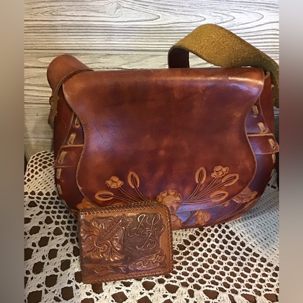 Vintage Hand Tooled Brown Leather Saddle Bag and wallet